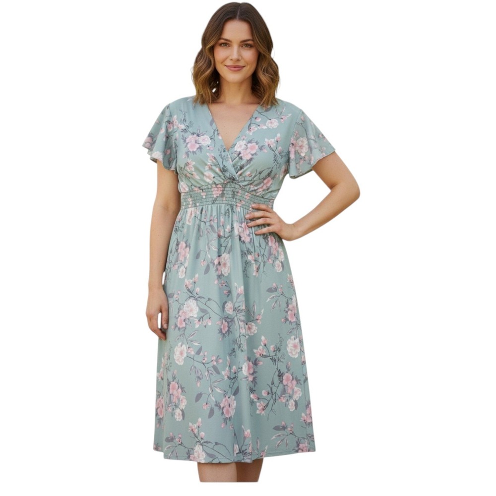 Anna Morgan Dress 1X Blue Pink Fit & Flare Soft Girl Spring Baby Shower Romantic